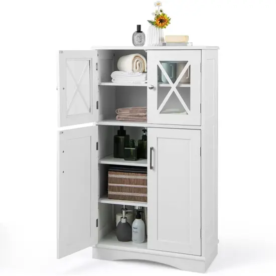 Black Bathroom Towel Linen Cabinet with Glass Doors and Storage Shelves White {1}