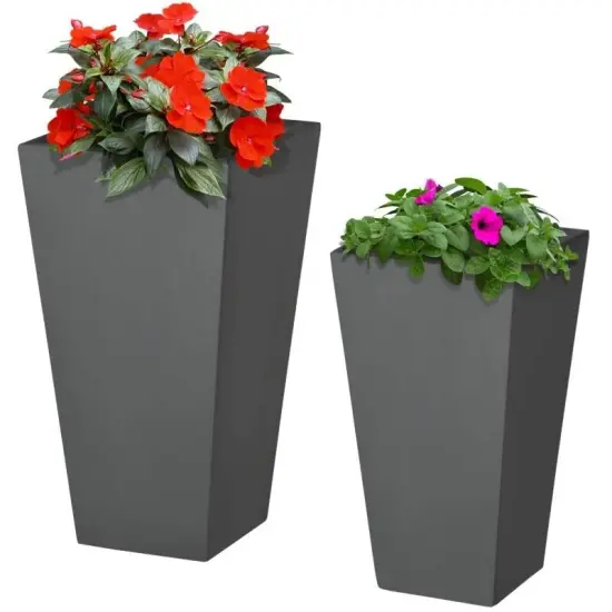 Magnesium Oxide Stackable Outdoor Planter Set of 2 with Drainage Holes Grey {2}