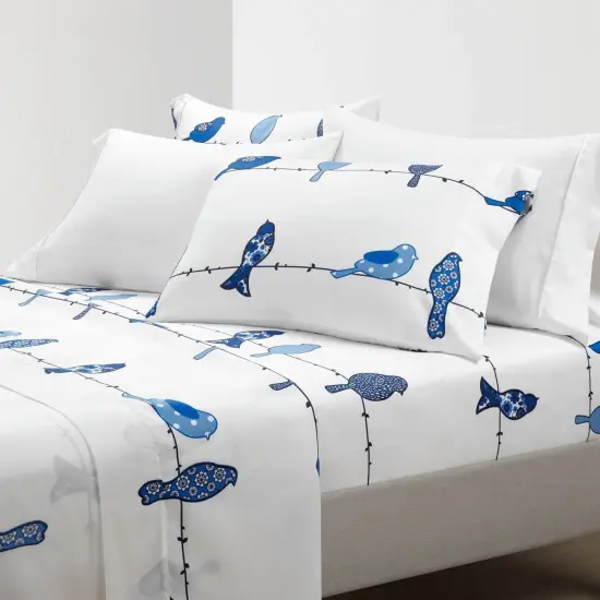 Birds on Wire Print 6 Piece Bedding Sheet Set Soft Polyester Flat and Fitted Sheets, Pillowcases {6}