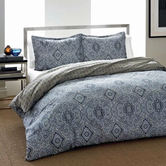 Cotton Comforter Set Blue Grey Damask Pattern 150 Thread Count Soft Breathable Bedding {1}