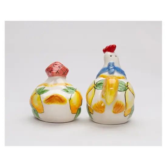Ceramic Tuscany Rooster & Hen Salt and Pepper Shakers with Lemon Theme, Farmhouse Kitchen Decor, Gift for Her {3}