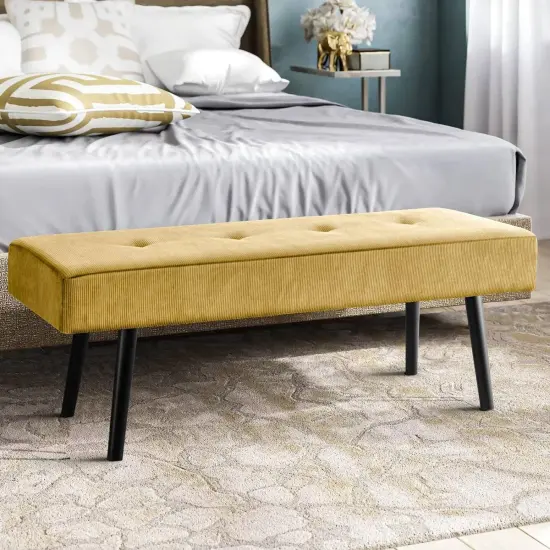 Modern Corduroy Upholstered End of Bed Searing Bench with Black Metal Legs for Living Room Yellow {1}