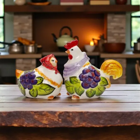 Ceramic Tuscany Rooster & Hen Salt and Pepper with Grape Theme, Farmhouse Kitchen Decor, Winery Decor, Gift for Wine Lover {1}