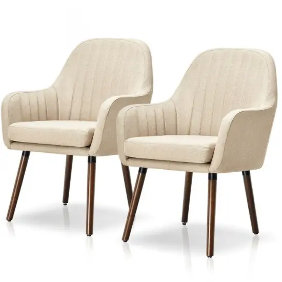 Set of 2 Retro Linen Accent Chairs with Rubber Wood Frame and Ergonomic Curved Backrest Off-White {1}