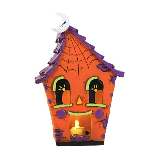 Transpac 7.75 In Happy Haunted House Halloween Building , Halloween Decor Figurine Spiderweb Lighted Moon {1}
