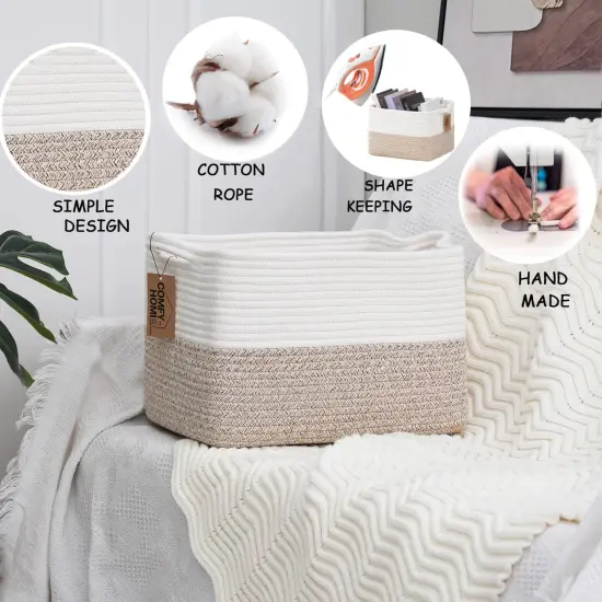 COMFY-HOMI Cotton Rope Woven Basket with Handles for Shelves,Toys,Book, Cloth Storage Baskets for Organizing-13.5" x 11" x 9.5" Toy Decorative Organizer for Living Room, Bathroom (White/Brown) {3}