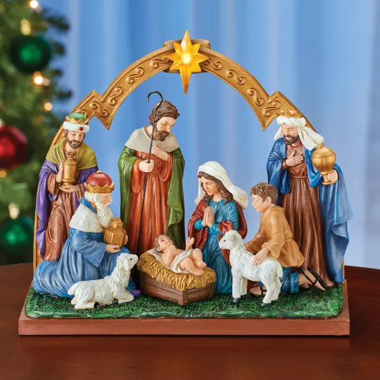 Collections Etc Hand-Painted LED Lighted Arch Nativity Scene Tabletop Decoration {1}