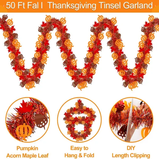 50Ft Fall Decor Fall Tinsel Garland with Pumpkin Maple Leaf {2}