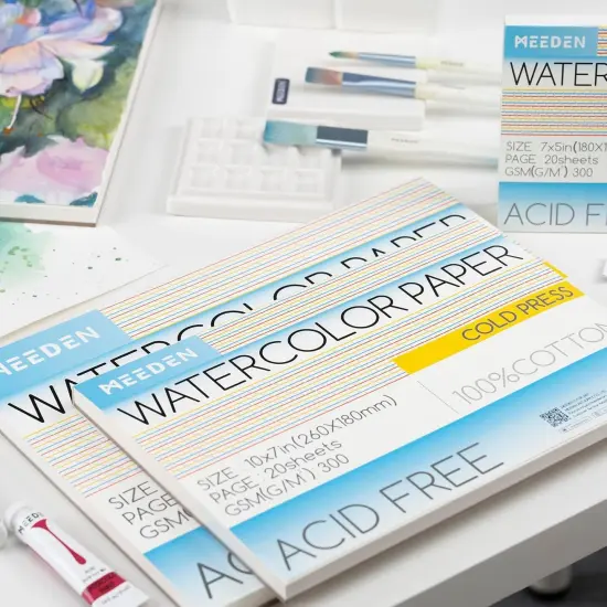 MEEDEN Watercolor Paper Block, 100% Cotton Watercolor Paper Pad of 20 Sheets, 140lb/300gms, Acid-Free Art Paper for Watercolor, Gouache, Ink and More, 9" x 12" Cold Press {5}