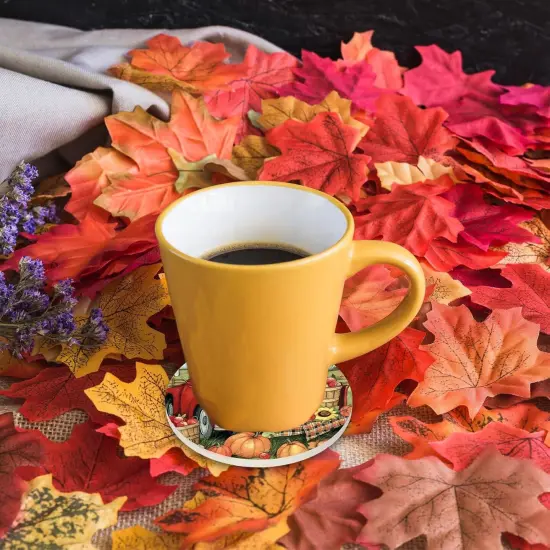 6Pcs Fall Ceramic Coasters with Holder Pumpkin Truck Sunflower {4}