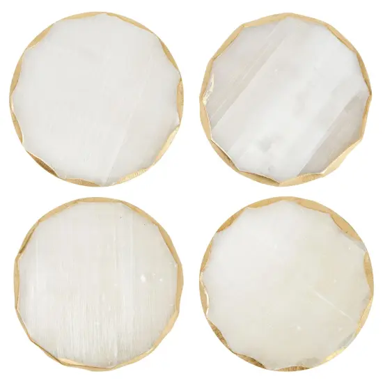 4 Pack Natural Selenite Crystal Coasters for Drinks, Geode Slices with Gold Painted Edge (3.75-4 In) White {6}