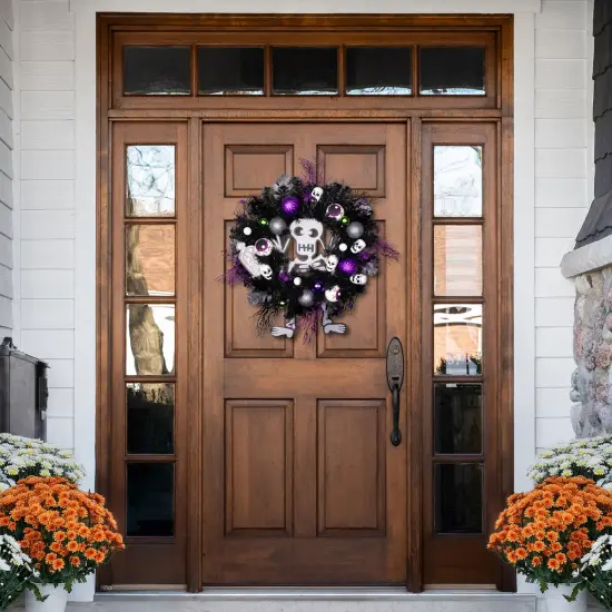 Northlight Purple and Black Spooky Skeleton Pine Halloween Wreath, 24-Inch, Unlit {4}