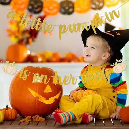 Gold and Pink Glitter A Little Pumpkin Is On Her Way Banner Little Pumpkin {2}