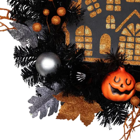 Northlight Glittered Haunted House Artificial Halloween Wreath - 24" - Unlit Orange {5}