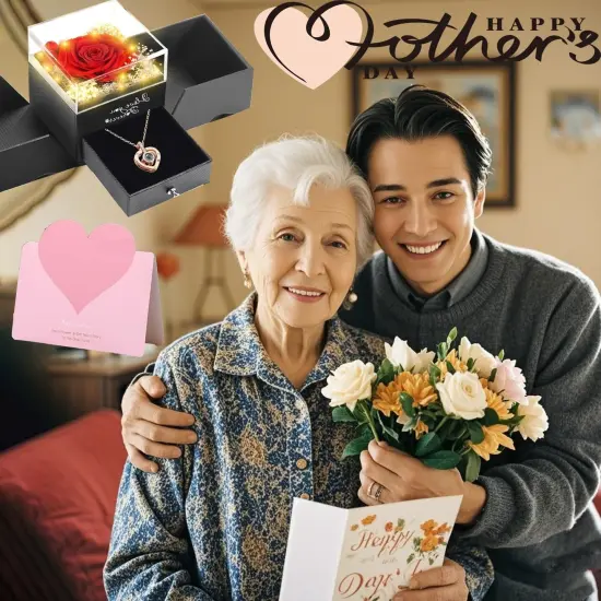 Preserved Real Rose with 100 Languages Necklace and 2-Layered Ring {3}