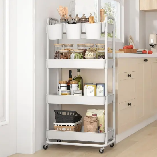 4-Tier Plastic Rolling Storage Cart - White {5}