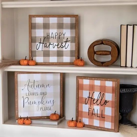 12" Square Autumn Plaid Wood Signs Framed for Harvest and Pumpkin Home Decor 3 Asstd. {5}
