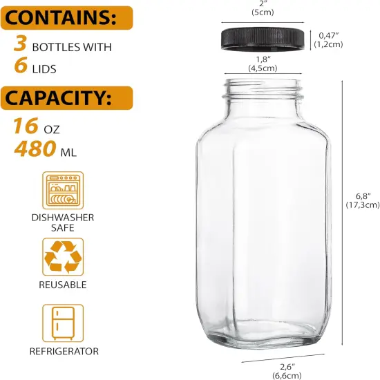 Set of 3 16 Oz Clear Glass Jars with Caps {2}