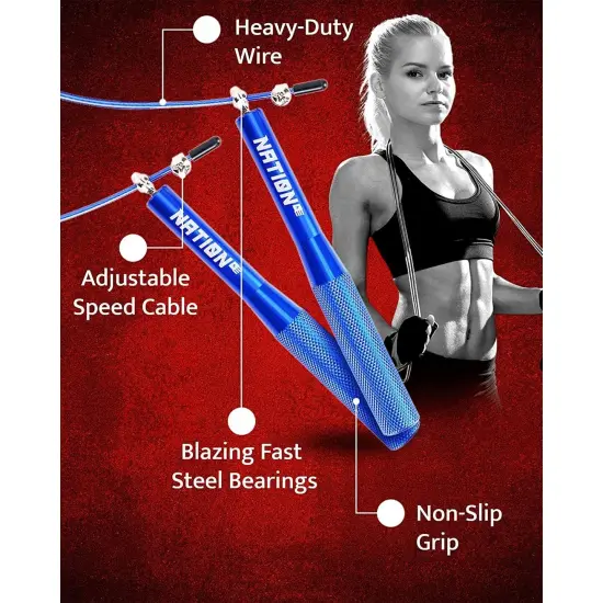 WOD Nation Aluminum Handle High Speed Adjustable Jump Rope for Women and Men - Perfect Skipping Rope for Boxing, Fitness, Workout - Blue {3}