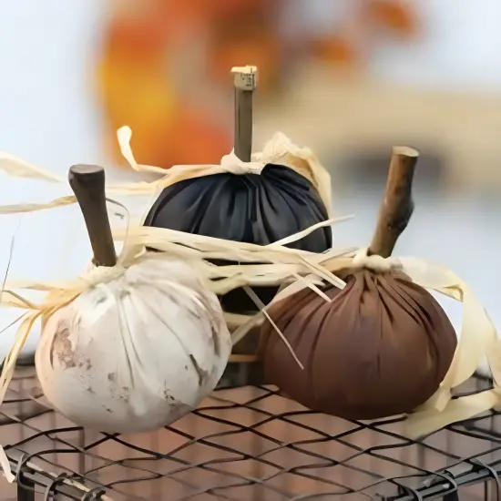 Fabric Stuffed Pumpkins with Wooden Stems and Raffia Bows 3 Asstd. {2}