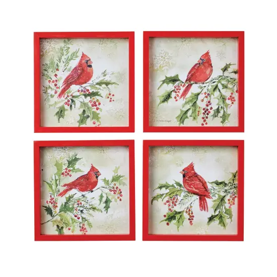 Collections Etc Cardinal Holly Red Wooden Framed Wall Art - Set of 4 {2}
