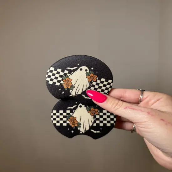 Whimsical Blooms Checkered Ghost Halloween Car Coaster Set Accessories,(Set of 2) {2}