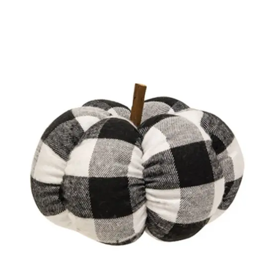 Buffalo Check Stuffed Pumpkin in Black and White with Natural Wood Stem Seasonal Accent Fall Home Decor {3}