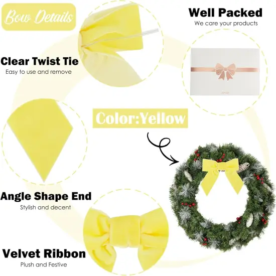 Yellow Velvet Bows 4.5" Yellow Velvet Easter Bows Premade Bows Yellow Twist Tie Bows for Wreaths, Gift Basket, Spring Holiday Decor, Gift Wrapping, Swag, Baby Shower Decoration - 12 PCs {3}