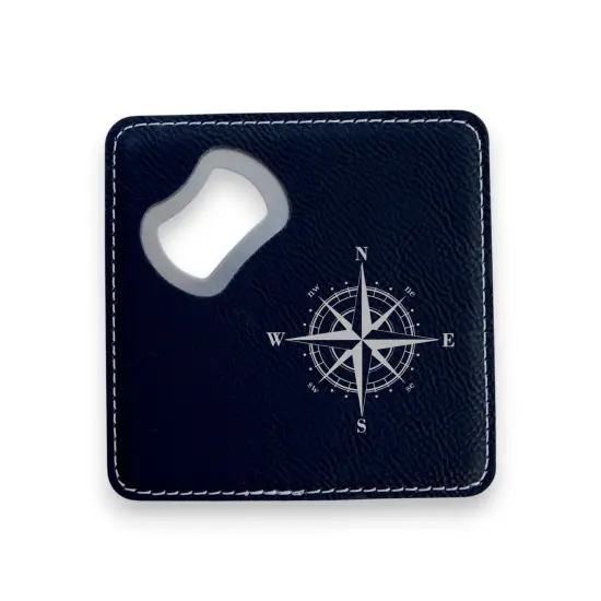 Coaster W/ BOTTLE OPENER - Compass Rose - SET OF 2 LEATHER Black/Silver {1}