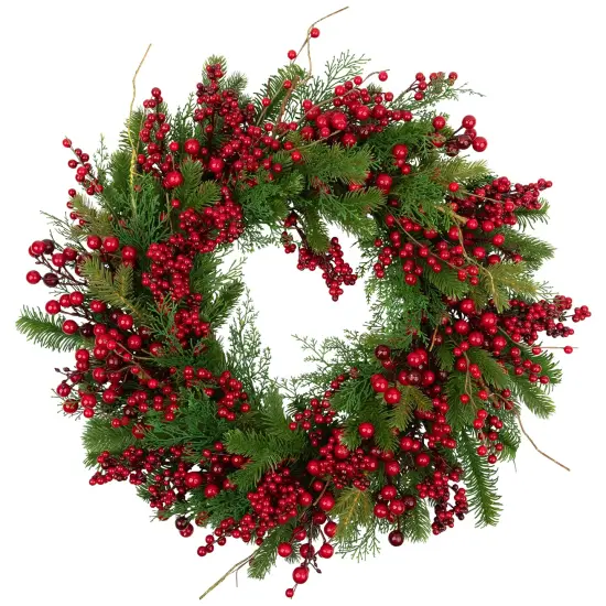 Northlight Cedar, Pine and Red Berries Artificial Christmas Wreath - 28" - Unlit Green {3}