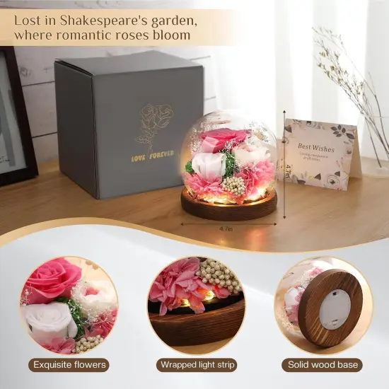 Preserved Flowers,Rose in Glass Dome with LED Light, Gifts for Her, Women, Mom,Grandma,Girlfriend, Wife- Style4 {2}