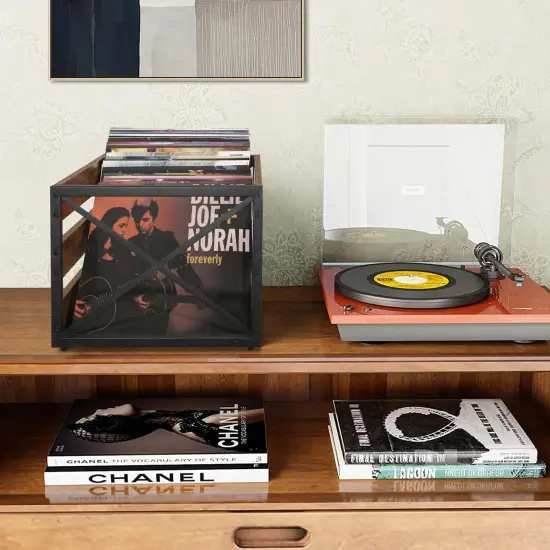 Vinyl Record Storage, Large LP Vinyl Record Storage Crate, Metal & Wooden Vinyl Record Album Holder, Cube Record Organizer Box, Holds up to 80+ Records {4}