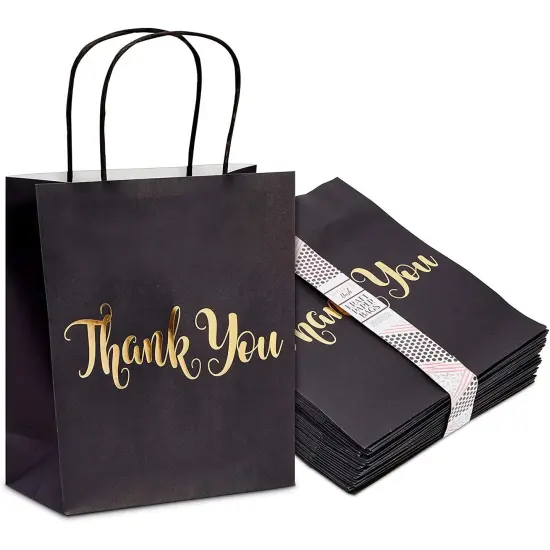 24 Pack Medium Black Thank You Party Favor Paper Goodie Gift Bags with Handles, Gold Foil {1}