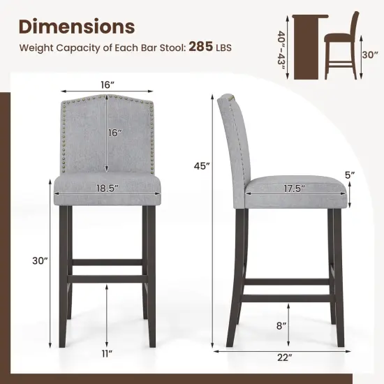 Costway Set of 2 Bar Stools 30" Upholstered Kitchen Breakfast Nailhead Bar Chairs Gray {3}