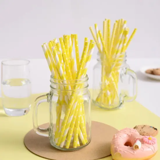 Yellow And White Paper Straws, Pack of 100 Disposable Yellow Striped Cockatil Drinking Straw for Cake Pop Sticks, Anniversary, Birthday Party Supplies {4}