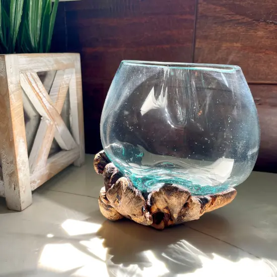 Melted Glass On Burl Wood Decorative Bowl/Vase/Terrarium Planter {5}