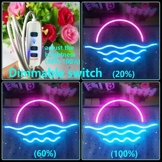Summer Sunrise Sunset Neon Sign &ndash; Dimmable Wave LED Light for Tropical Bedroom & Bar Decor (Ice Blue & Pink, 15.6in) {4}