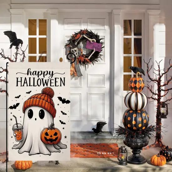 Halloween Ghost Garden Flag 12x18inch(Orange Black) {4}