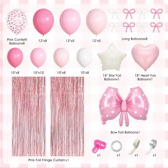Pink Bow Birthday Party Decorations, Coquette Bow Light Pink and White Confetti Long Balloons Happy Birthday Banner Fringe Curtain Tassel Pompoms for Women Girls Theme Baby Shower Party Decorations {3}