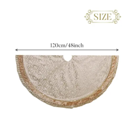 Luxury Gold and White Christmas Tree Skirt, 48-Inch Elegant Velvet & Brocade Holiday Tree Base Cover with Pleated Trim {2}