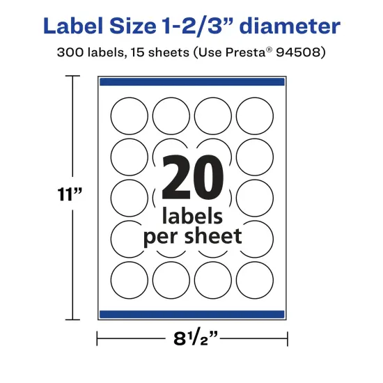 Avery Matte White Removable Round Labels with Sure Feed Technology, Print-to-the-Edge, 1-2/3" diameter {5}