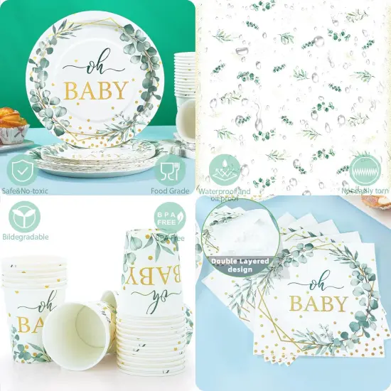 Sage Green Baby Shower Plates and Cups and Napkins Sets {4}