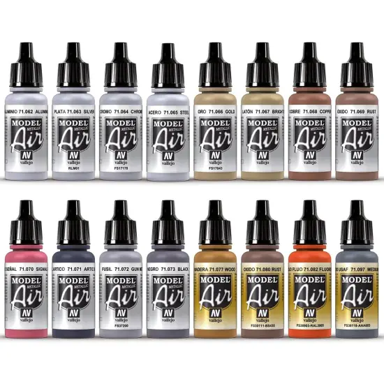 Vallejo Paints: Model Air Color Set - Metallic Effects - 16 Paint Colors - 18ml (.60oz) Bottles, Acrylics For Modeling & Miniatures, Opaque, Hobby {3}