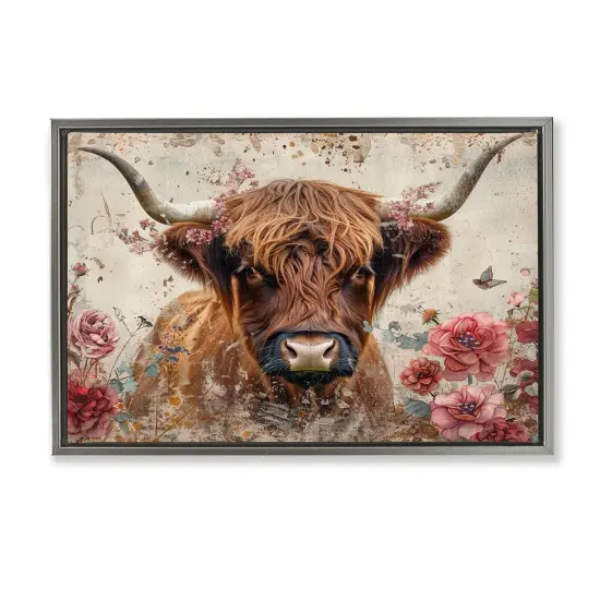 Stupell Industries Highland Cow in Spring Floater Framed Canvas Wall Art Design by LSR Design Studio {1}
