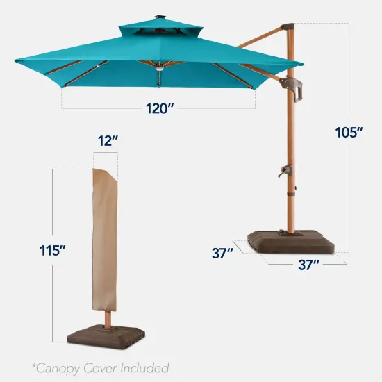 Best Choice Products 10ft Square Woodgrain Pattern 2-Tier Outdoor Solar LED Cantilever Umbrella w/ Base Cerulean {2}
