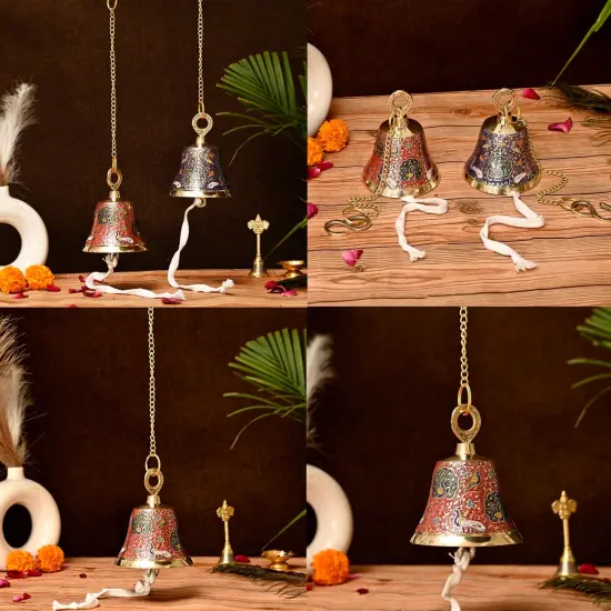 Antique Brass Hanging Bells with Chain for Temple Pooja Room Mandir Decor Peacock Print Small Hanging Bell - 4.75x4 inch Puja Ghanti for Housewarming Gift (Chain Length With Hook 12 Inches) White {4}