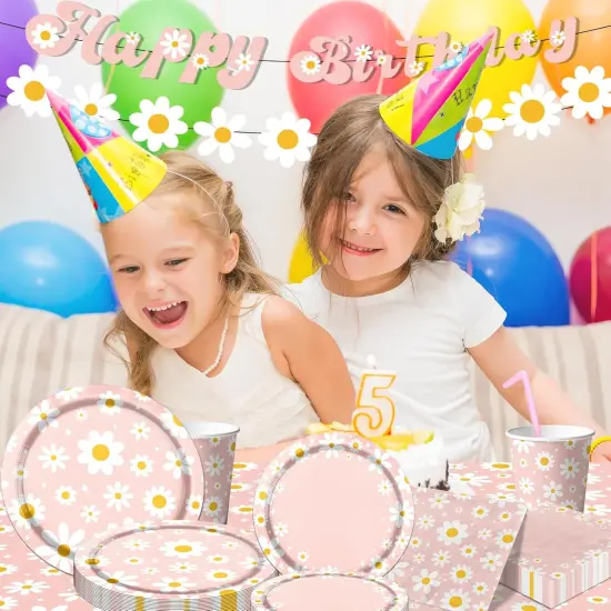 142PCS Daisy Birthday Party Tableware Set,Pink Groovy Daisy Flower Supplies Include Daisy Plates and Napkins Cup Tablecloth Banner for Retro Theme Hippie Girl Birthday Baby Shower Wedding Supplies {2}