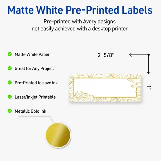 Avery Printable Rectangle Address Labels with Sure Feed Technology, Pre-Printed Gold Florals, Matte White, 1" x 2-5/8", Laser & Inkjet Compatible, 160 Total, Great for Branding, Marketing, and Events {2}
