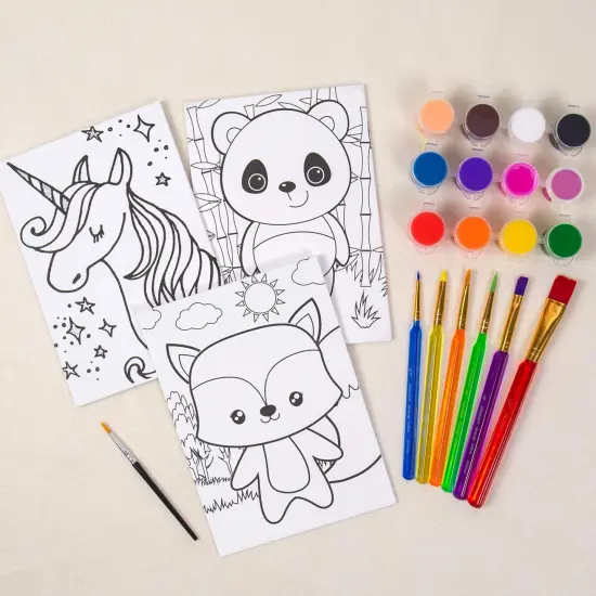 Pre-Printed Canvas Art Set &ndash; 5"x7" Panels, 12 Tempera Paints & 6 Brushes (Panda-Fox-Unicorn) {1}
