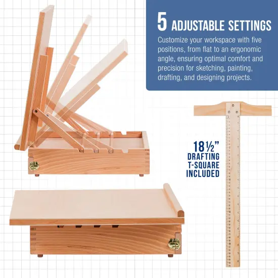 Large 20-1/2" x 16" Adjustable Wood Art Drawing Board - 5 Angles, Beechwood Construction, Pencil Ledge, T-Square, Locking Storage Drawer - Ideal for Design, Drafting & Architecture {3}